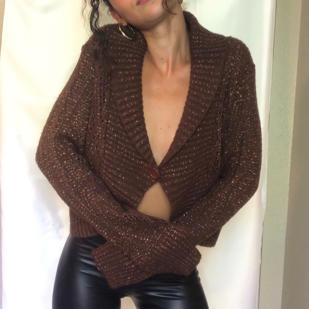 🖤 Faded Glory Vintage Shawl Collar Chocolate Brown Gold Shimmer Cardigan
